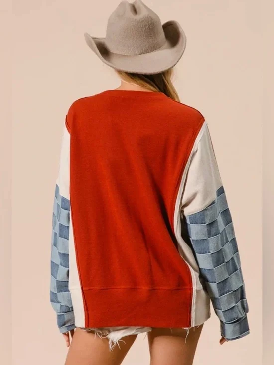 BiBi Washed Color-block Denim Sleeve Top NWOT - Picture 2 of 7